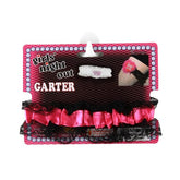 Hens Night Leg Band dress accessory featuring a pink and black garter for party celebrations.